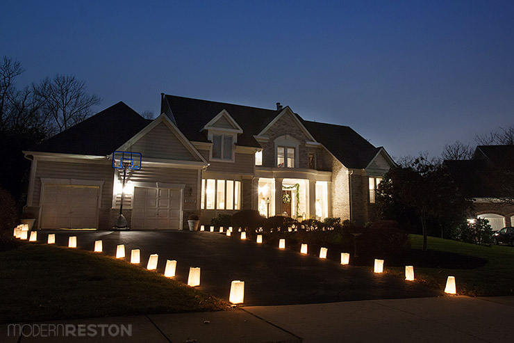 Luminaries on front lawn for Christmas decorations